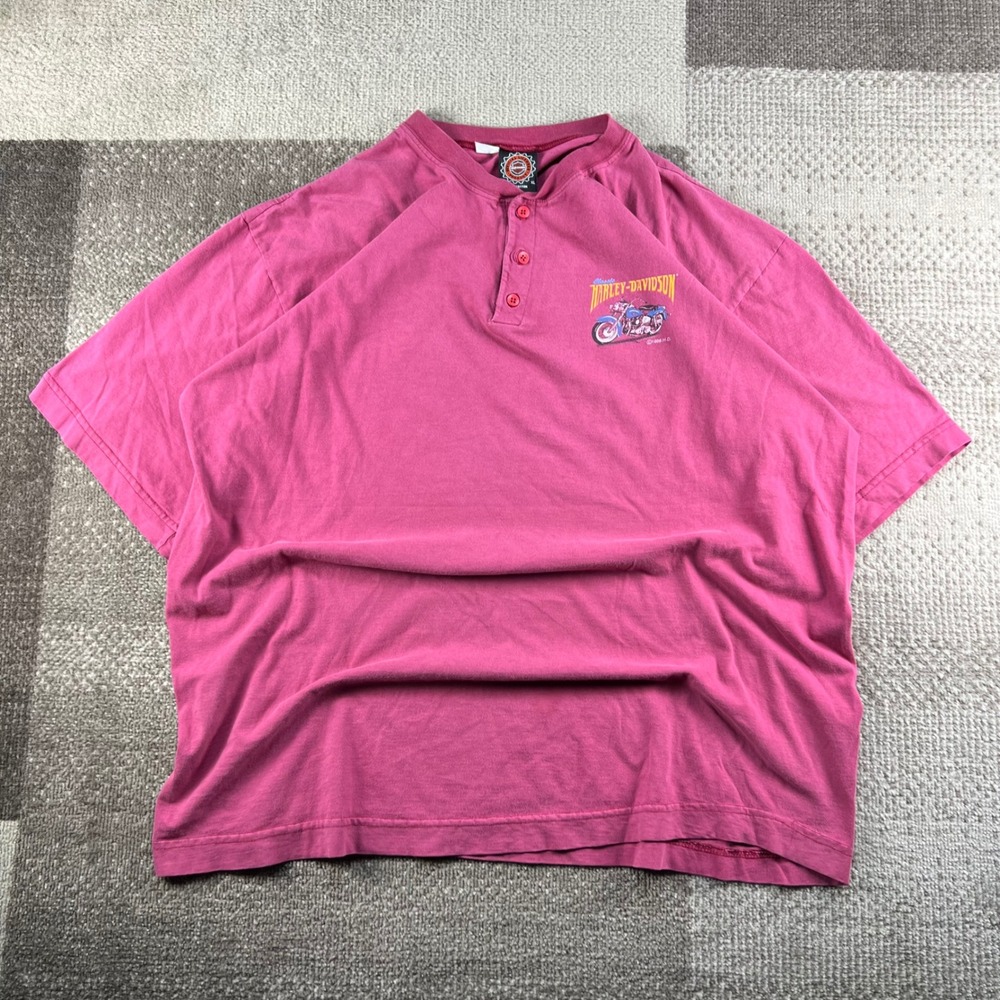 Vintage 1996 Harley Davidson Henley Shirt XL Pink Graphic Biker T-Shirt 90s